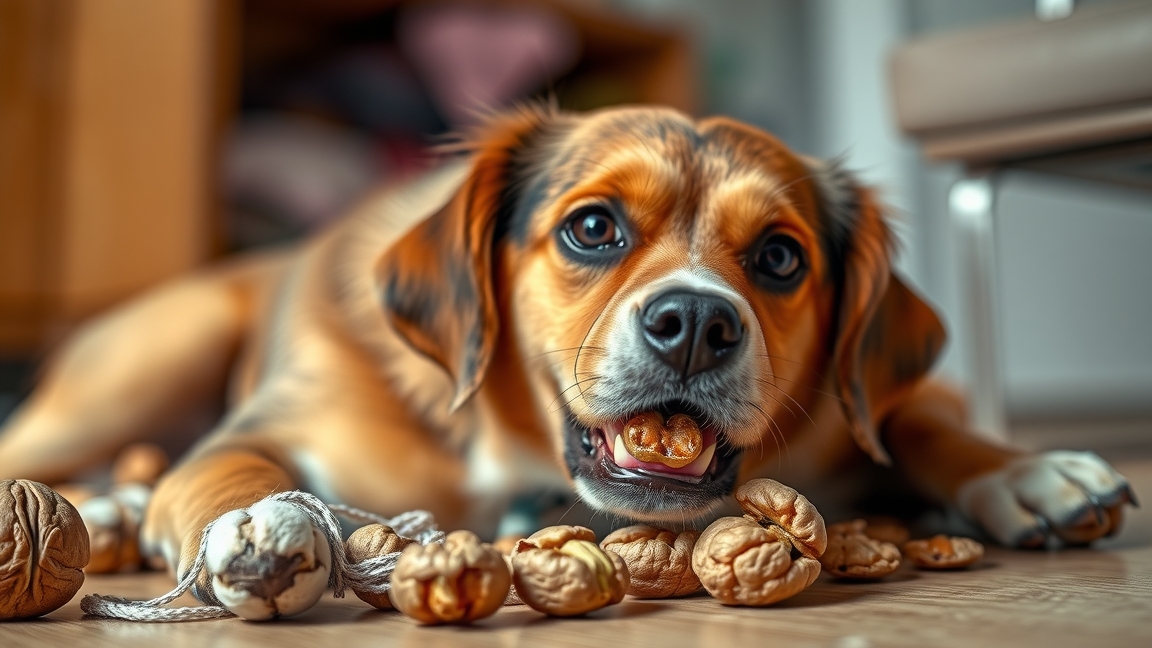 Kutyus diót eszeget, figyelmeztetve a gazdiknak a kockázatokra.