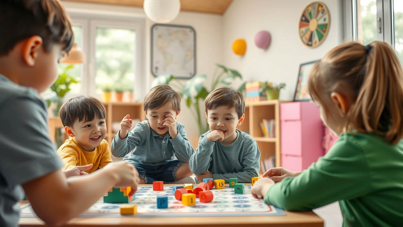 Gyerekek játszanak fejlesztő játékkal otthon, színes építőelemekkel.