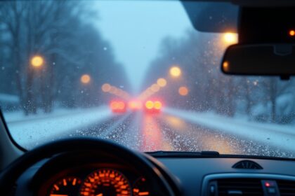 Fűthető szélvédő és hóval borított téli út