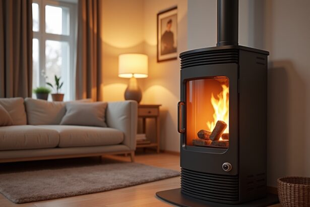 Modern hőhullámos fűtőberendezés otthon, lánggal a kandallóban.