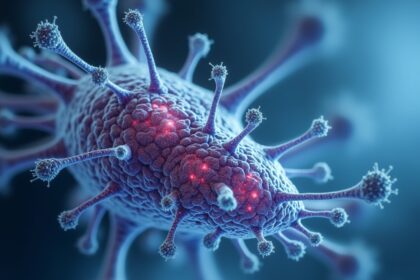 Mikroszkopikus kép egy vírusos sejtről, amely a szívbetegségeket befolyásolhatja.