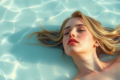 Fiatal nő rózsavíz hatásaira utaló ápolt bőrrel a vízben