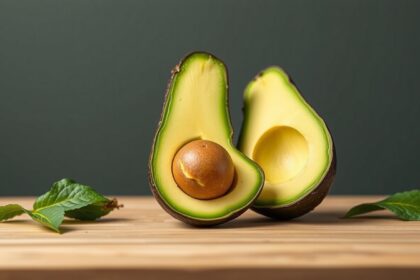 Friss avokádó félbevágva, egészséges zsírok forrása.
