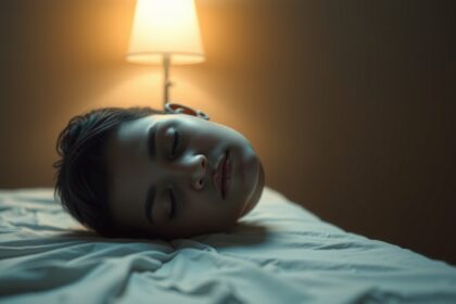 Fáradt fiatal pihen a világos szobában, a stressz jeleként.