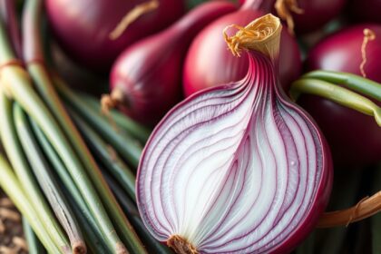 Félbevágott vöröshagyma és friss hagymaszárak egy csoportja.