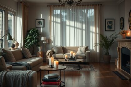 Beltéri nappali gyertyákkal, kényelmes bútorokkal és növényekkel.