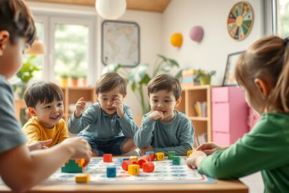 Gyerekek játszanak fejlesztő játékkal otthon, színes építőelemekkel.