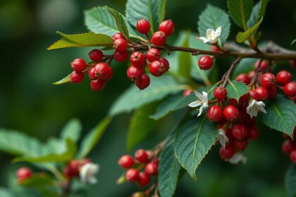 Kínai kúszómagnólia virágai és piros bogyói