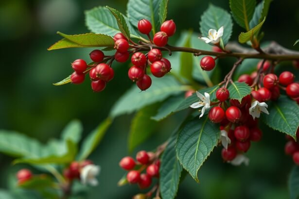 Kínai kúszómagnólia virágai és piros bogyói
