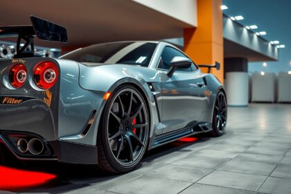 Sportautó nagyobb felnikkel a bemutatóteremben.