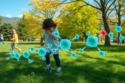 Gyermekek játszanak a parkban, fenilalanin molekulák illusztrációjával.