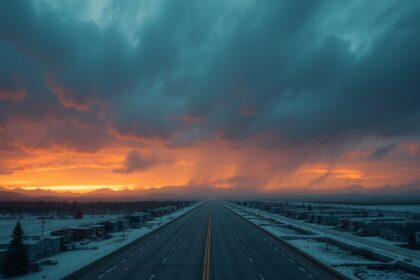 Felhős égbolt és naplemente a horizonton, nyugodt tájban