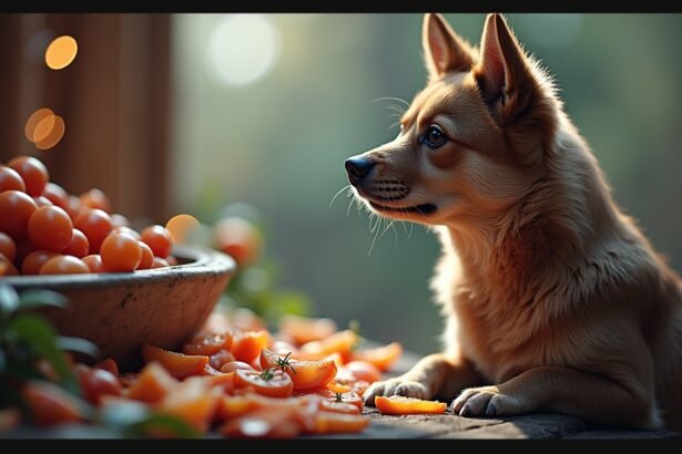 Kutyus egy tál friss zöldséggel és gyümölccsel