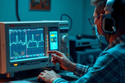 Férfi az oszcilloszkóp előtt, hullámformákat elemezve.