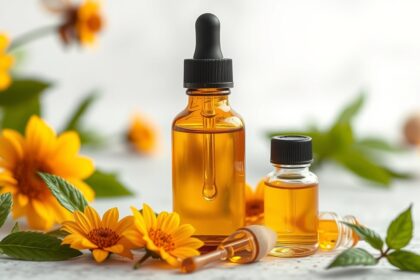 Propolisz cseppek természetes immunerősítéshez napraforgókkal díszítve.