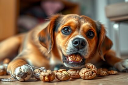 Kutyus diót eszeget, figyelmeztetve a gazdiknak a kockázatokra.