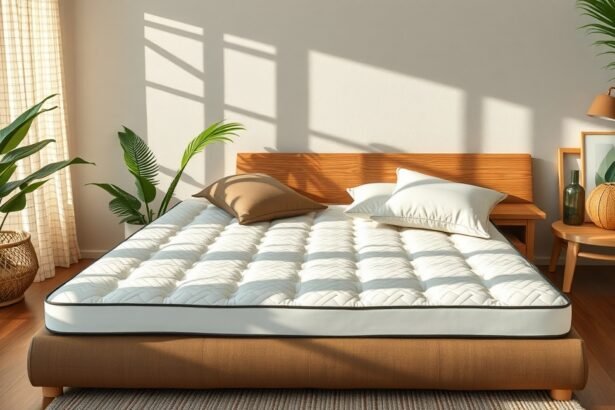 Kókuszmatrac a modern otthonban, növények és világos tér mellett.