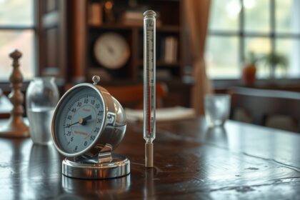 Higanyos lázmérő és hőmérő egy asztalon, egészségügyi eszközök