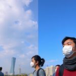 Emberek maszkban, szmogos és tiszta levegő közötti kontrasztban