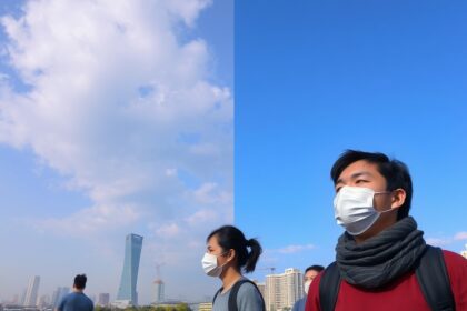 Emberek maszkban, szmogos és tiszta levegő közötti kontrasztban