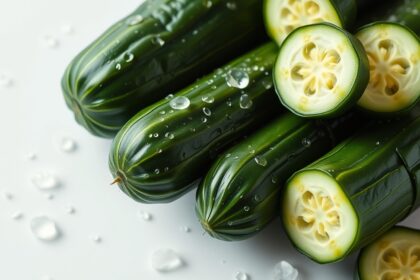 Friss uborka, vízcseppekkel a felületén, egészséges tápanyagok forrása.