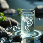 Friss peridot víz jégkockákkal, természetes környezetben.