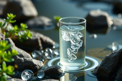 Friss peridot víz jégkockákkal, természetes környezetben.