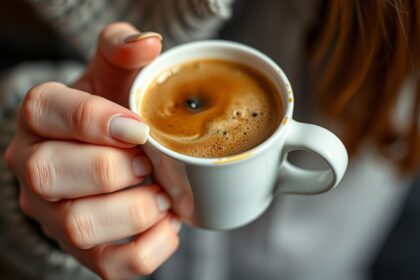 Kávézó kezekben tartott csésze, a túlzott kávéfogyasztásra utalva.