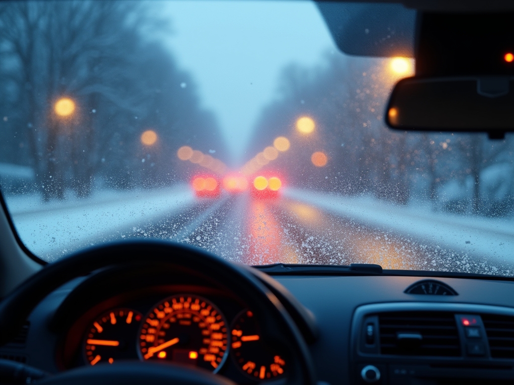 Fűthető szélvédő és hóval borított téli út