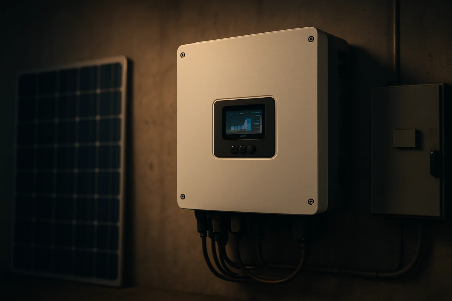 Hibrid inverter és napelemes panel belső térben