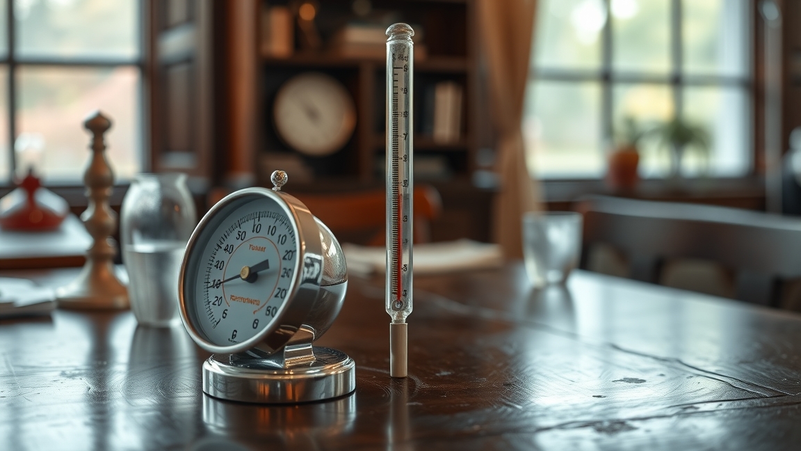 Higanyos lázmérő és hőmérő egy asztalon, egészségügyi eszközök