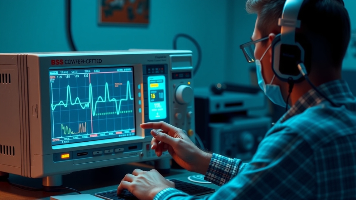 Férfi az oszcilloszkóp előtt, hullámformákat elemezve.