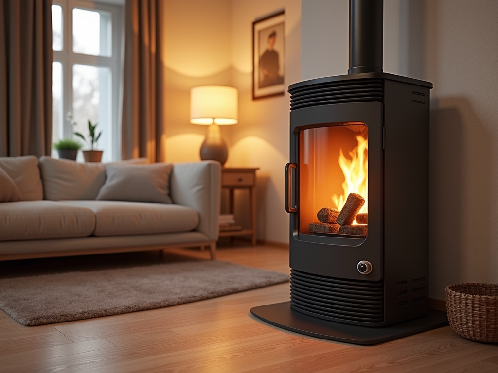 Modern hőhullámos fűtőberendezés otthon, lánggal a kandallóban.