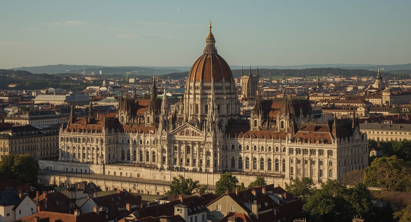 Budapesti Országház látképe naplementében
