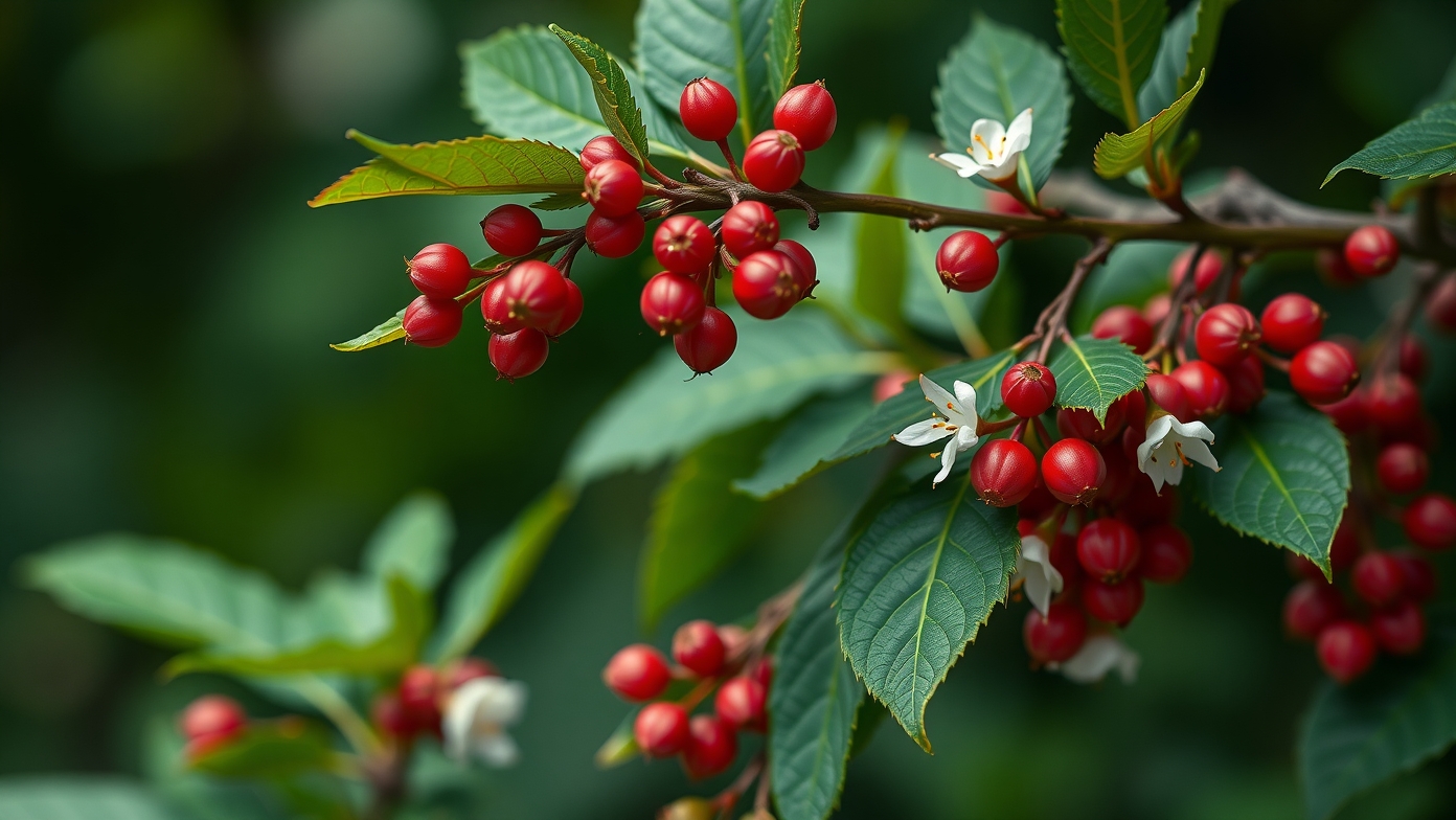 Kínai kúszómagnólia virágai és piros bogyói