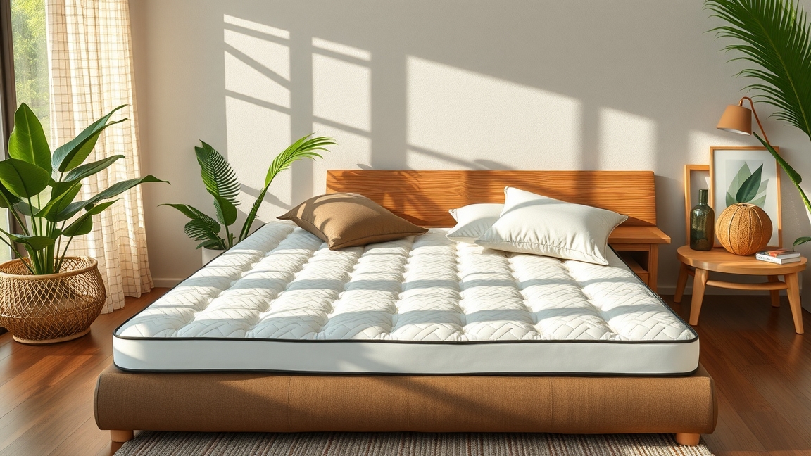 Kókuszmatrac a modern otthonban, növények és világos tér mellett.