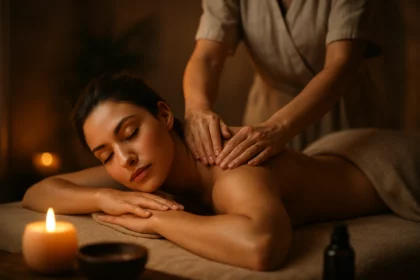 Egy nő relaxál, miközben méregtelenítő masszázst kap egy sötét, hangulatos környezetben.