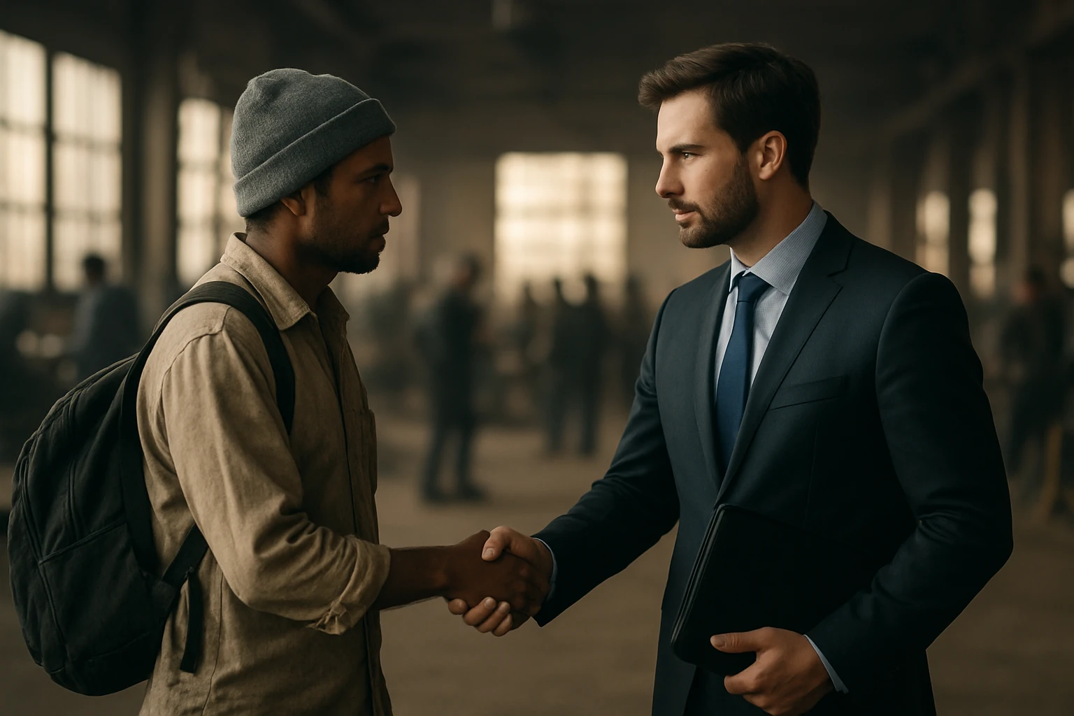 Két férfi kézfogása, az egyik zakóban, a másik hétköznapi ruhában.