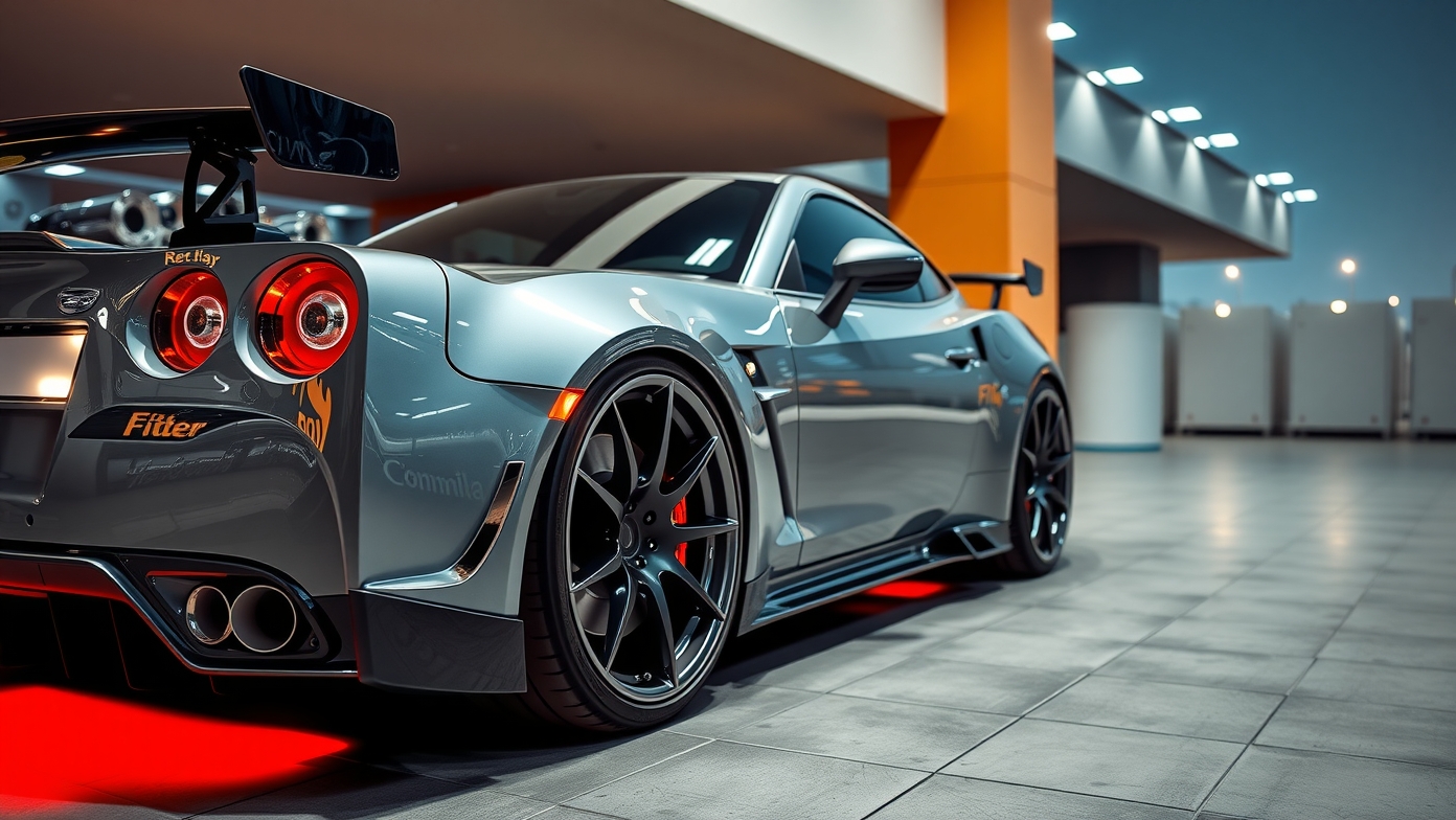 Sportautó nagyobb felnikkel a bemutatóteremben.