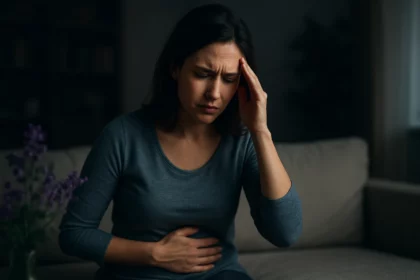 Nő miómás tünetekkel, fájdalommal és diszkomfort érzéssel.