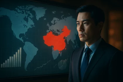 Férfi Kínát ábrázoló térképpel az üzleti környezetben