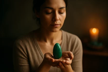 A nő meditál, kezében aventurin kövecske, háttérben gyertya