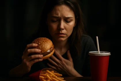 Nő gyorsételt tart a kezében, súlyos gondokkal nézve