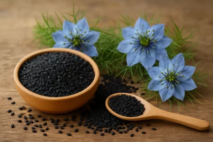 Nigella mag tálban és kanálban, körül virágokkal