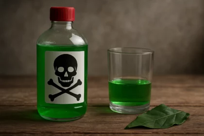 Zöld fagyálló ital mérgezésre figyelmeztető felirattal