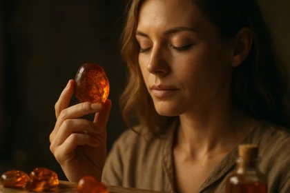 Nő borostyánkővel meditálva, a természetes gyógyítás élményével