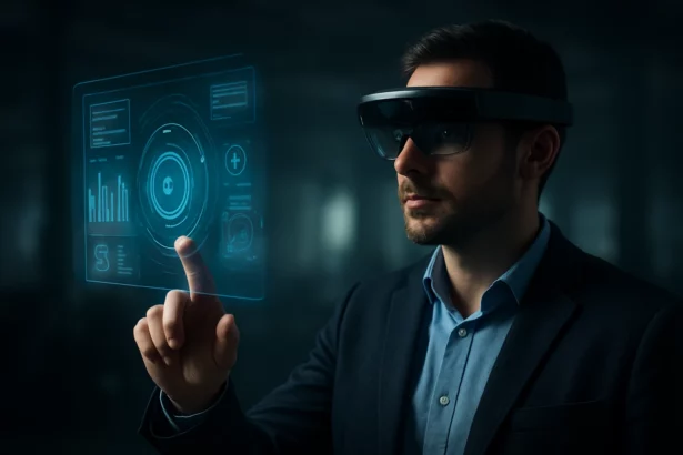 Férfi AR headset használat közben, digitális interfész interakcióval.