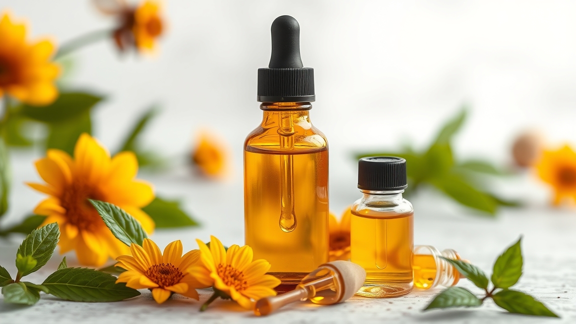 Propolisz cseppek természetes immunerősítéshez napraforgókkal díszítve.