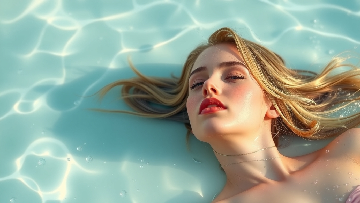 Fiatal nő rózsavíz hatásaira utaló ápolt bőrrel a vízben