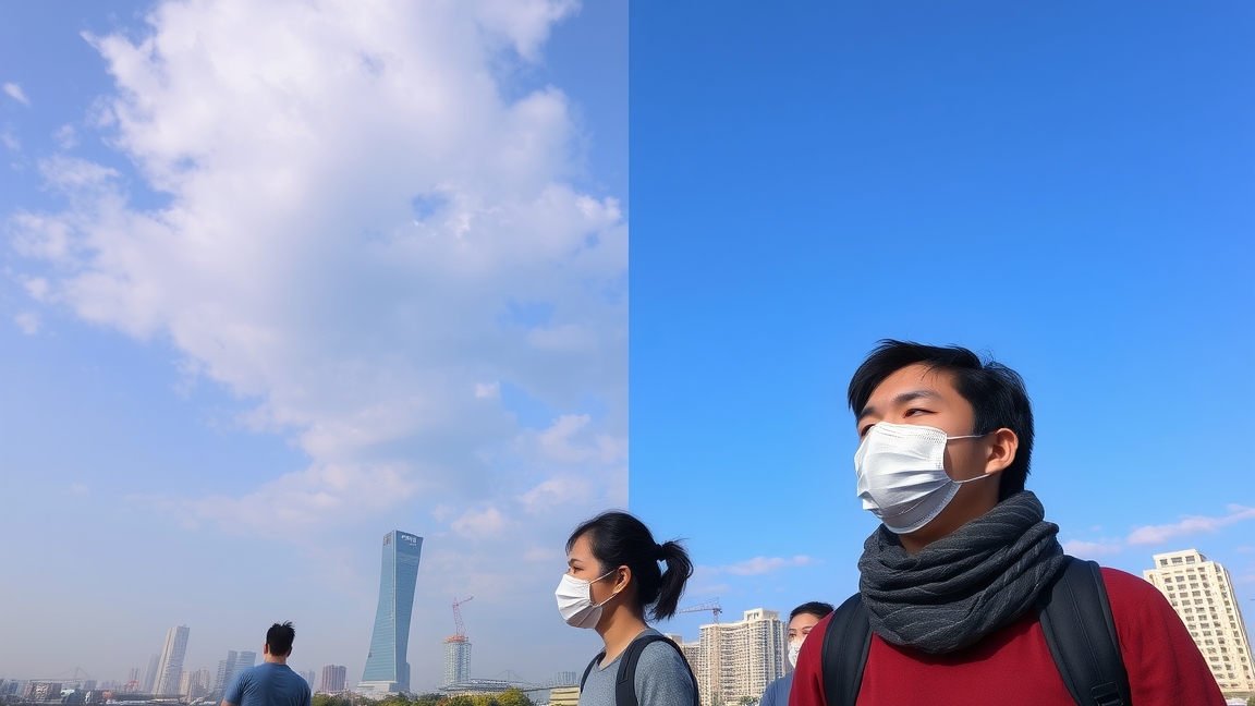 Emberek maszkban, szmogos és tiszta levegő közötti kontrasztban